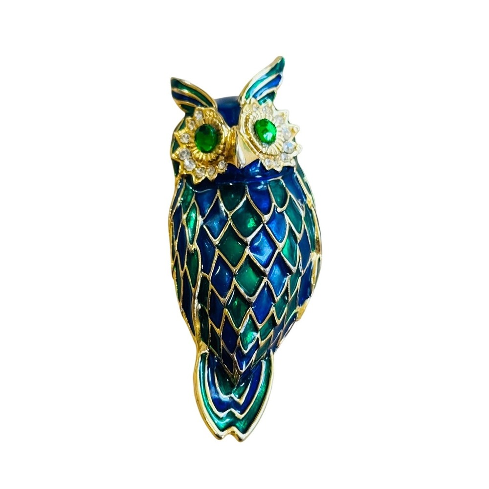 VTG Jomaz Owl Bird Pin Brooch Gold Tone Cabochon Rhinestone Unsigned 1960s Rare